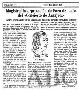 Crítica de ABC 27-4-1991 Concierto de Paco de Lucía en Torrelodones